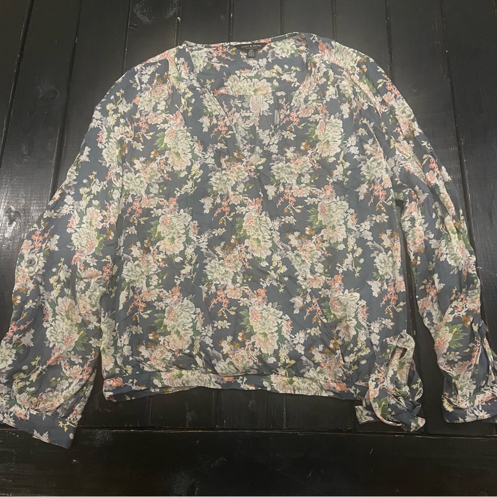Lucky Brand Boho Floral Sawyer V-Neck‎ Wrap Shirt Top Green Multi Small Petite